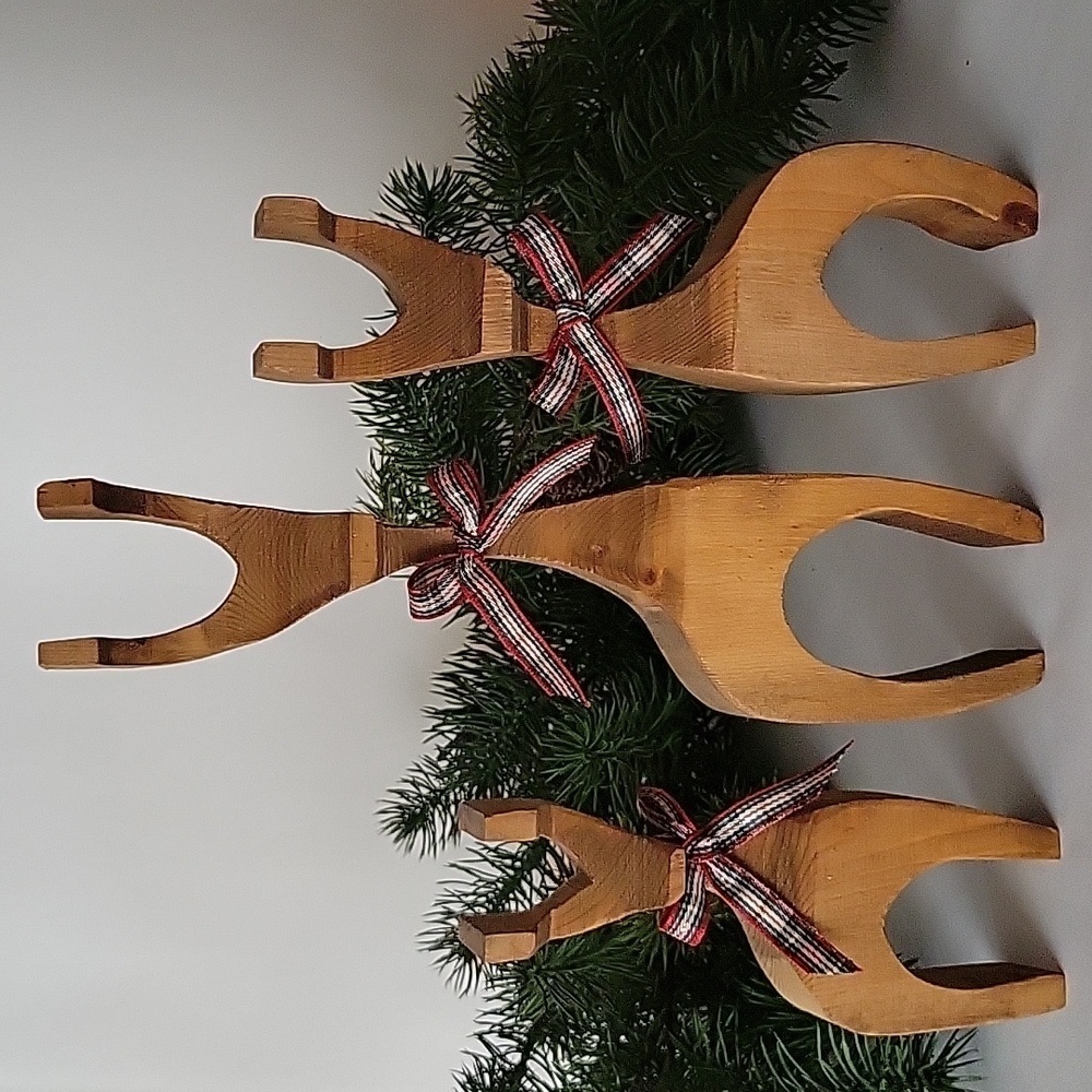 Set of (3) Handcrafted MCM Vintage Wooden Christmas Reindeer, Minimalistist